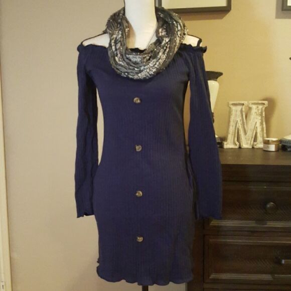 Navy Knit Stretch Bodycon Button Down Mini Dress - Picture 2 of 9